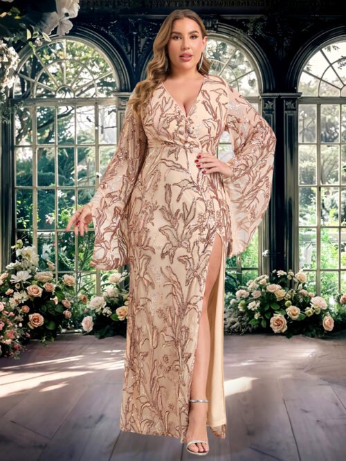 Plus Size Sequined Embroidered Prom & Evening Dress