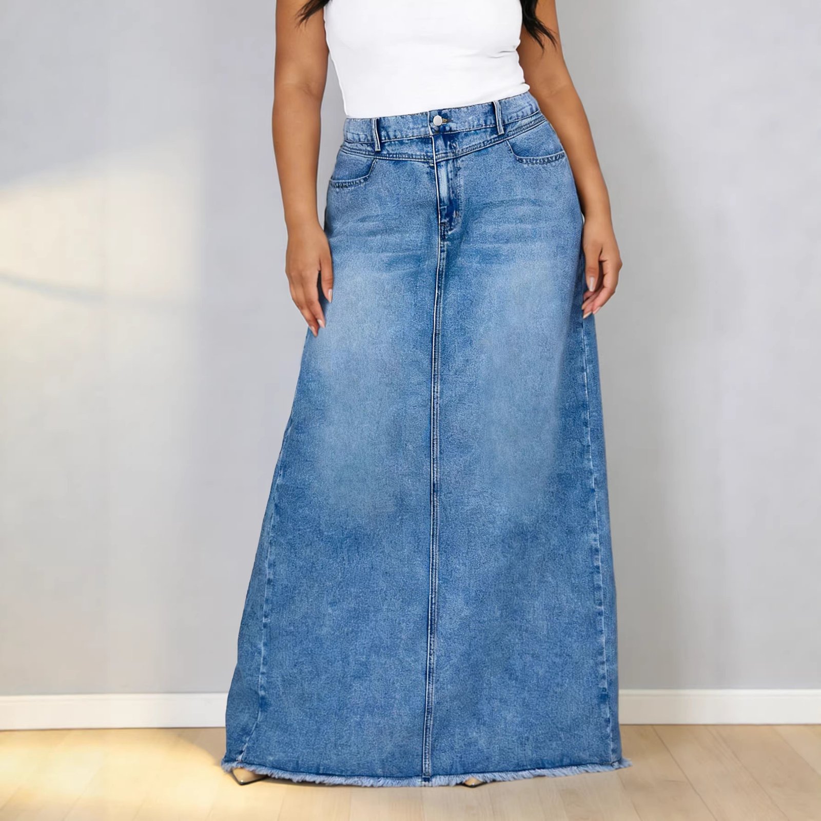 Casual Plus Size Elastic Waist Loose Denim Skirt
