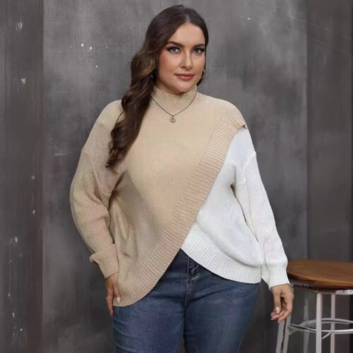 Plus Size Color‑Block Woven Half‑Turtleneck Sweater