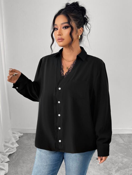 Elegant Black Lace Button Shirt for Women’s Office Wear