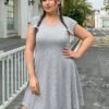 Plus Size Solid Color Round Neck Short Sleeve Mini Dress for Women