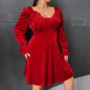 Plus Size Sexy Velvet Long Sleeve Party Dress with Flared Hem