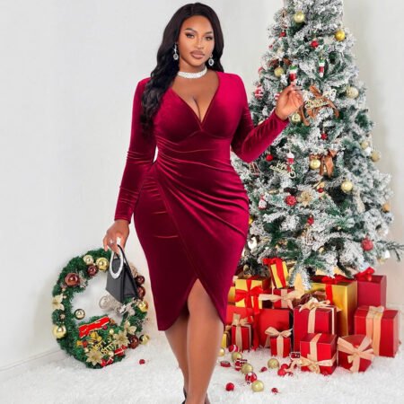 Sexy Wine Red V-Neck Midi Dress for Autumn Winter