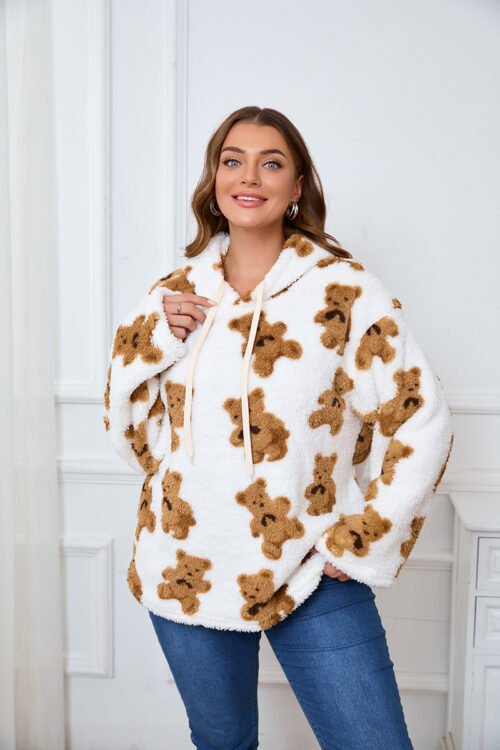 Plus Size Cow Plush Hoodie – Cozy Long Sleeve Plush Top for Chill Days