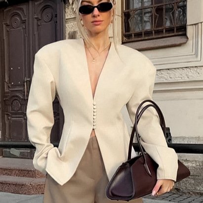 Beige V‑Neck Waist‑Cinched Blazer – Autumn Casual Chic