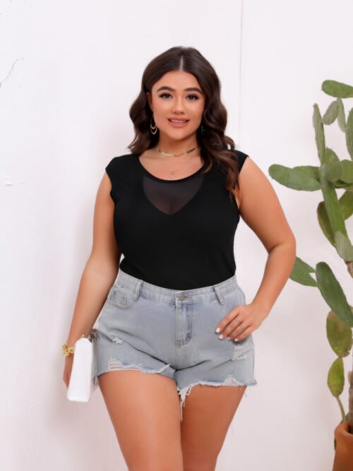 Patchwork Mesh Round Neck Sleeveless Top – Plus Size Summer Statement