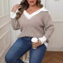 Sailor Collar Contrast Stitch Plus Size Pullover Sweater