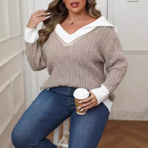 Sailor Collar Contrast Stitch Plus Size Pullover Sweater