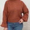 Cropped Half Turtleneck Lantern Sleeve Knit Sweater