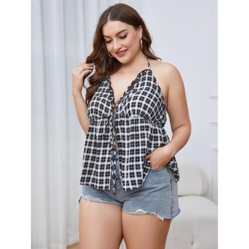 Plus Size Plaid Loose Fit V-Neck Summer Sling Top – Oversized Comfort