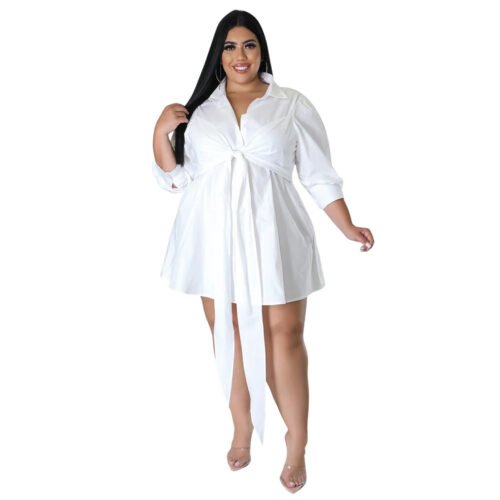 Plus Size Sexy Solid Color Tied Shirt Mini Dress for Women