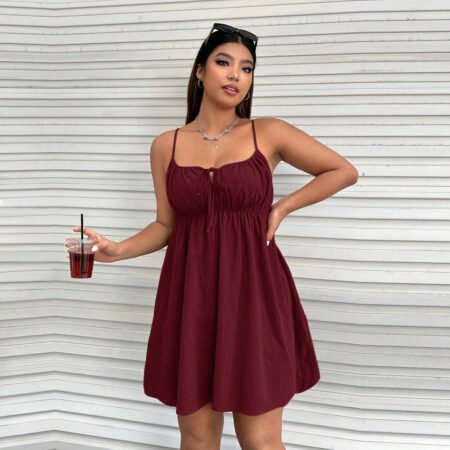 Plus Size Cinched Sleeveless Strap Mini Casual Dress for Spring Summer
