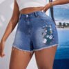 Plus Size High-Waist Floral Embroidered Denim Shorts