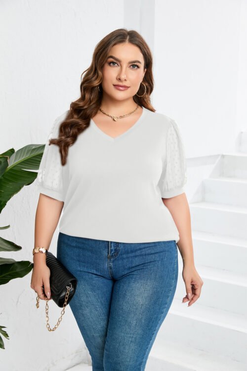 Mesh Puff Sleeve V-Neck T-Shirt