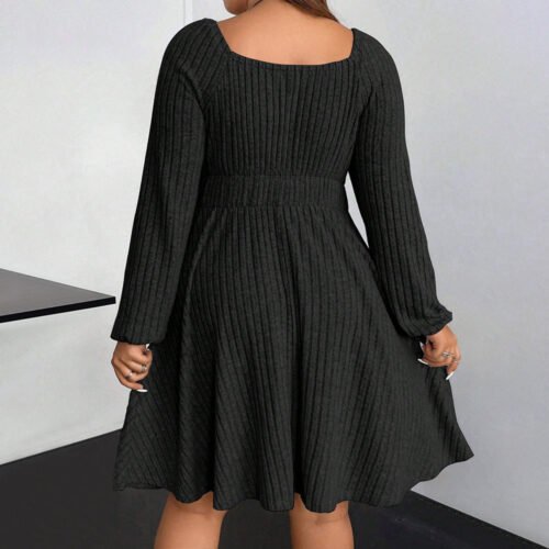 Plus Size Square Collar Long Sleeve Fleece Mini Dress for Autumn Winter