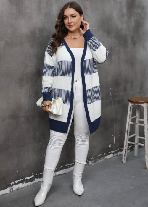 Plus Size Colorblock Striped Knit Cardigan for Fall & Winter