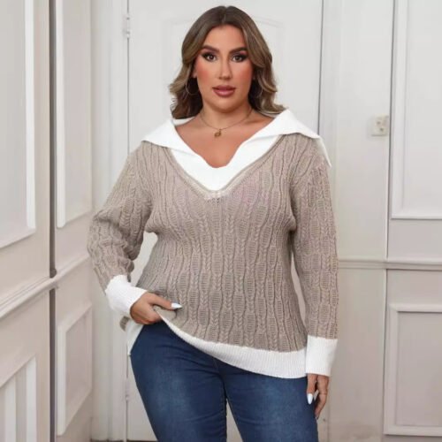 Sailor Collar Contrast Stitch Plus Size Pullover Sweater