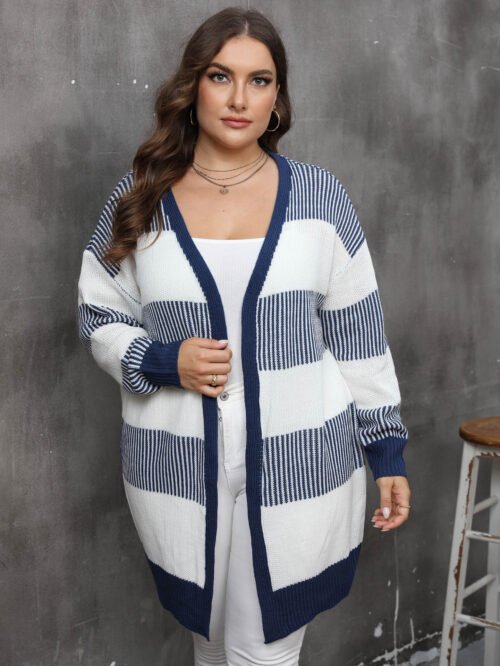 Plus Size Colorblock Striped Knit Cardigan for Fall & Winter