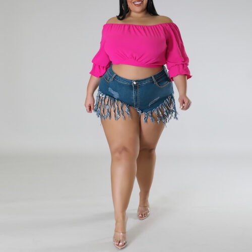 Plus Size Denim Tassel Shorts with Relaxed Fit