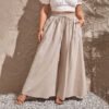 Plus Size High Waist Wide Leg Summer Trousers with Pockets