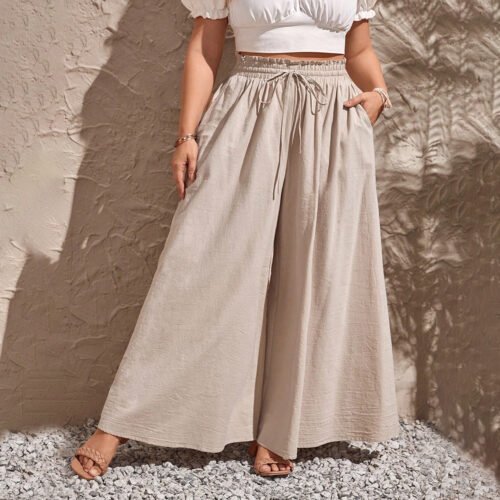 Plus Size High Waist Wide Leg Summer Trousers with Pockets