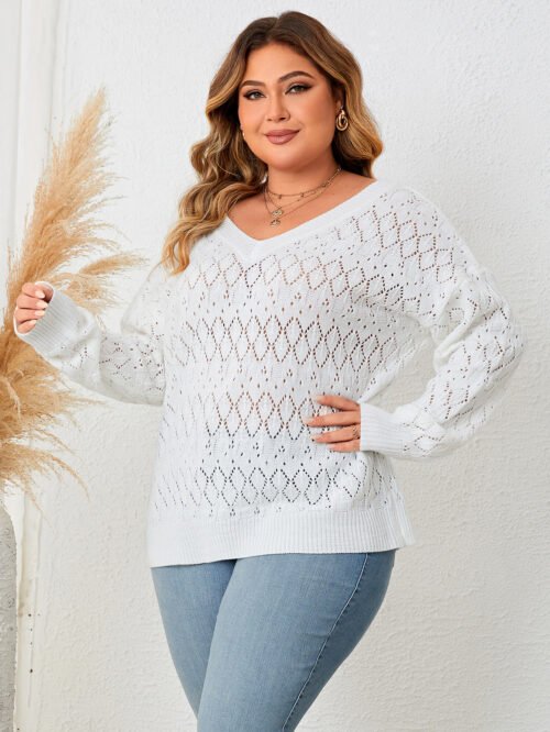 Chic Hollow-Out V-Neck Pullover Sweater – Plus Size Edition