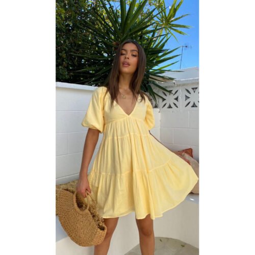 V‑Neck Puff Sleeve Mini Dress – Spring Summer Casual Style