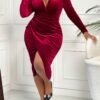 Sexy Wine Red V-Neck Midi Dress for Autumn Winter  Short Description
