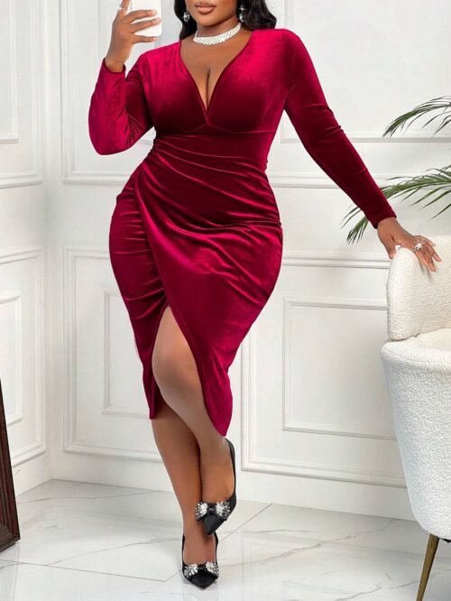 Sexy Wine Red V-Neck Midi Dress for Autumn Winter  Short Description