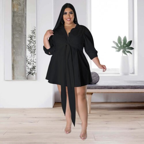 Plus Size Sexy Solid Color Tied Shirt Mini Dress for Women