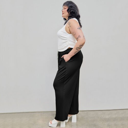 Plus Size High Waist Office Straight Pants with Drawstring