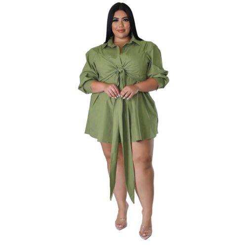 Plus Size Sexy Solid Color Tied Shirt Mini Dress for Women