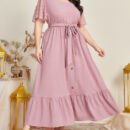 Plus Size Printed Lace-Up Office Maxi Dress