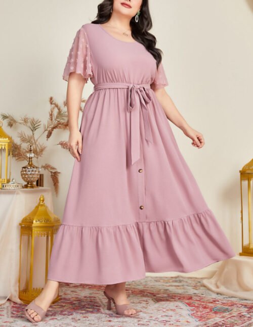 Plus Size Printed Lace-Up Office Maxi Dress
