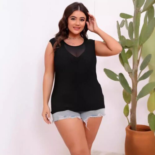 Patchwork Mesh Round Neck Sleeveless Top – Plus Size Summer Statement