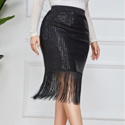 Retro Plus Size High Waist Sequined Tassel Office Skirt