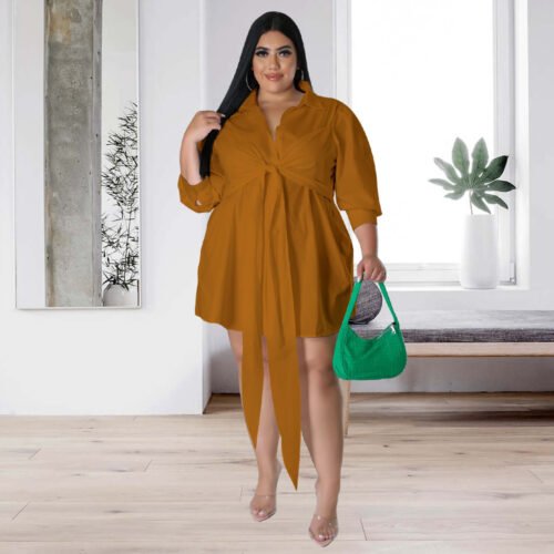 Plus Size Sexy Solid Color Tied Shirt Mini Dress for Women