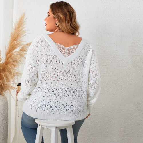 Chic Hollow-Out V-Neck Pullover Sweater – Plus Size Edition