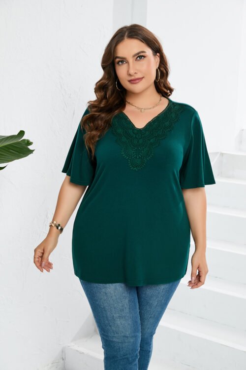 Plus Size Lace Patchwork Flared Sleeve T-Shirt for Women