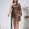 Plus Size Elegant One-Shoulder Sequin Slim Waist Dress