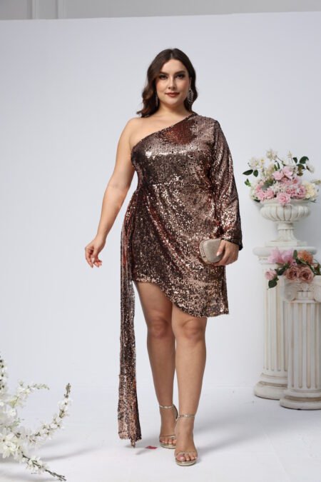 Plus Size Elegant One-Shoulder Sequin Slim Waist Dress