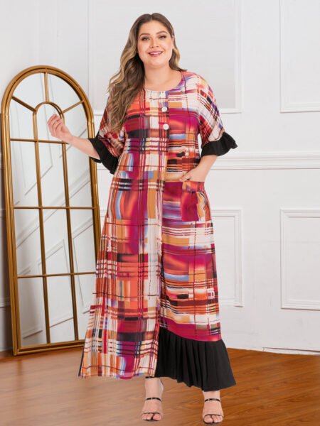 Plus Size Printed Contrast Color Pocket Dress – Long & Comfortable