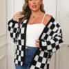 Plus Size Colorblock Patchwork Plaid Loose Knit Cardigan