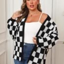 Plus Size Colorblock Patchwork Plaid Loose Knit Cardigan
