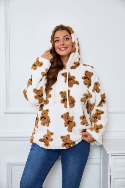 Plus Size Cow Plush Hoodie – Cozy Long Sleeve Plush Top for Chill Days