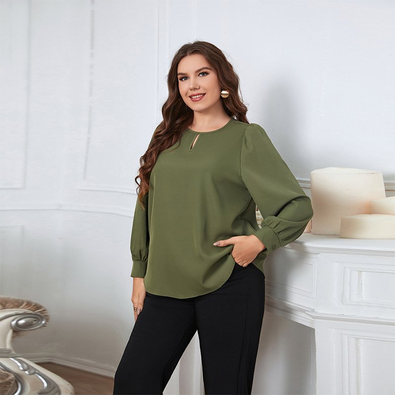 Plus Size Long Sleeve Spring Shirt in Fresh Green Tone