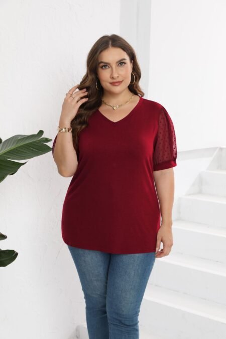 Mesh Puff Sleeve V-Neck T-Shirt
