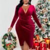 Sexy Wine Red V-Neck Midi Dress for Autumn Winter  Short Description