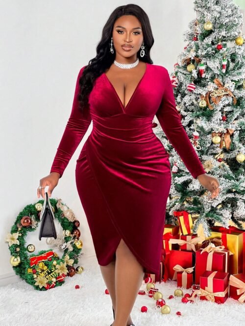 Sexy Wine Red V-Neck Midi Dress for Autumn Winter  Short Description
