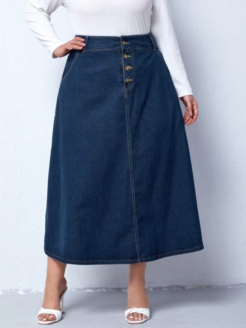 Retro Plus Size High Waist Buttoned A-Line Denim Skirt